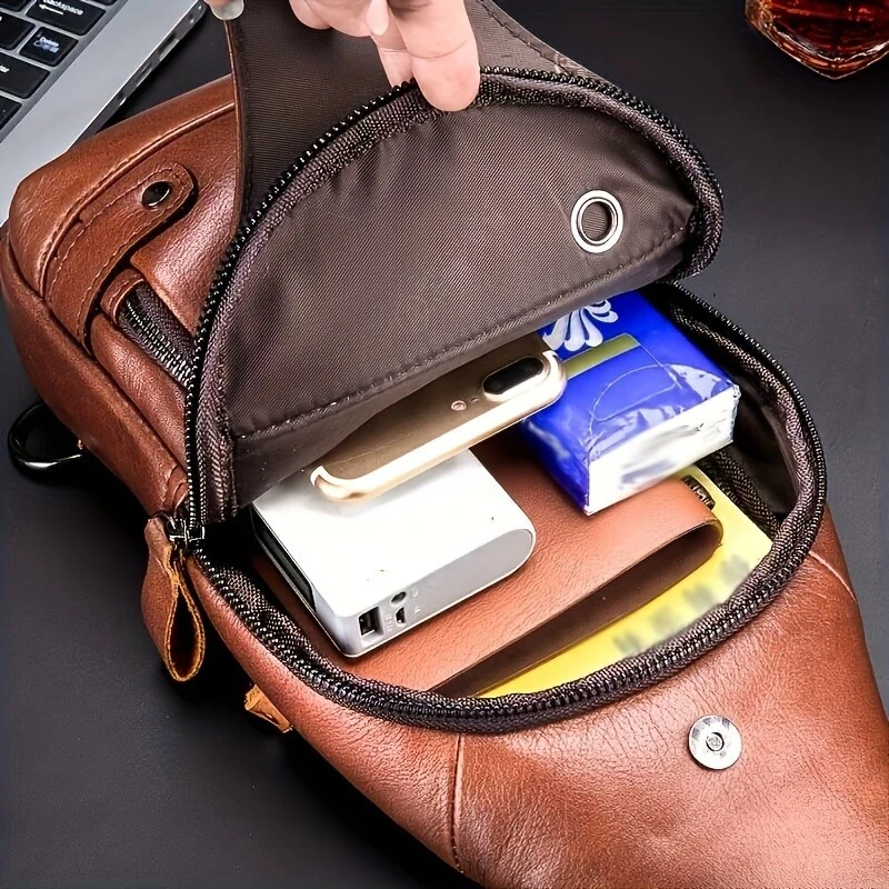 (image for) BULLCAPTAIN Mens Genuine Leather USB Charging Large Capacity Business Casual Chest Bag Shoulder Crossbody Bag